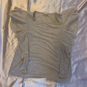 Gray t shirt blouse with fringed short sleeve